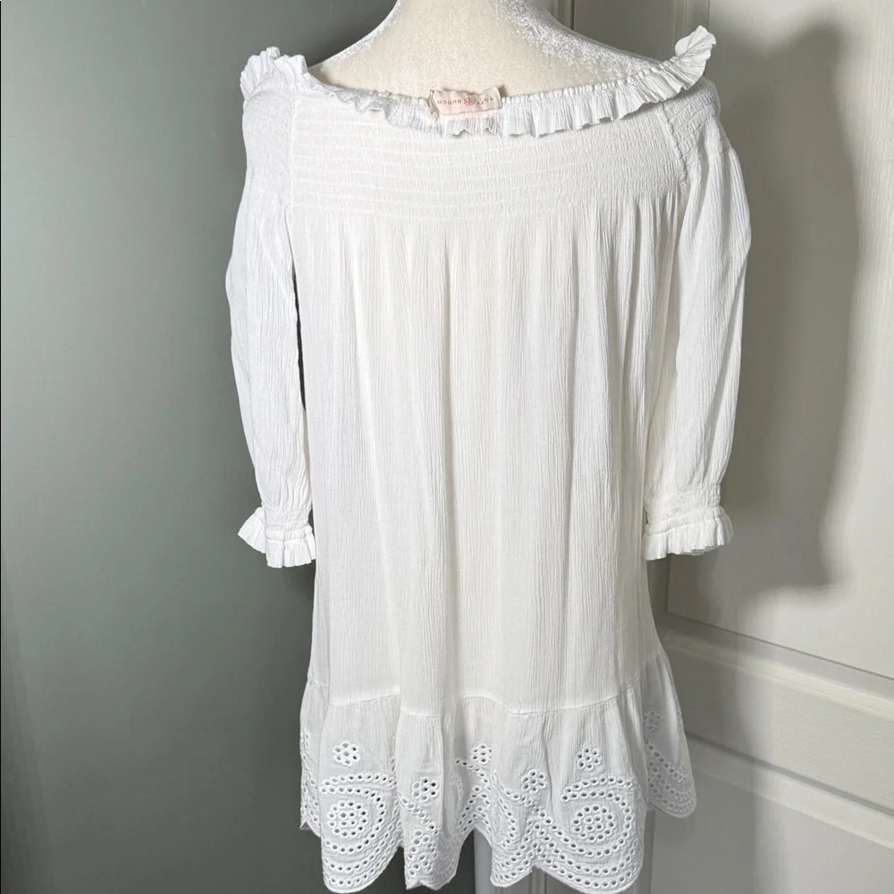 Tory Burch White Gauze Tunic Dress Off Shoulder Eyelet Hem Size S
